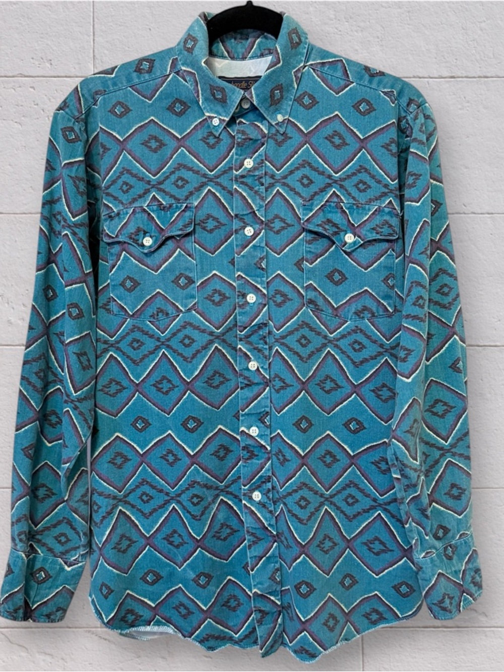 Vintage Panhandle Slim Men’s M Teal Western Shirt Aztec Diamond Print Cowboy